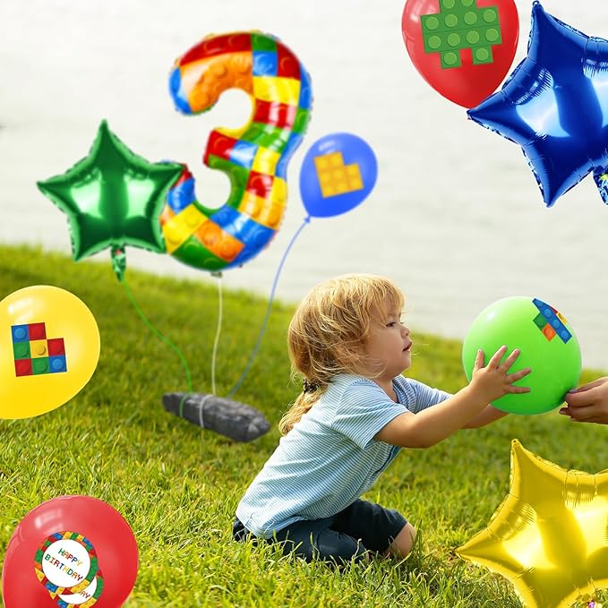 40 Inch Building Block Number Balloon, Colorful Number Block Foil Number 3 Balloons Large Big Numbers Helium Balloon for Girls Boys 1th Birthday Brick Theme Party Decorations (Number 3)