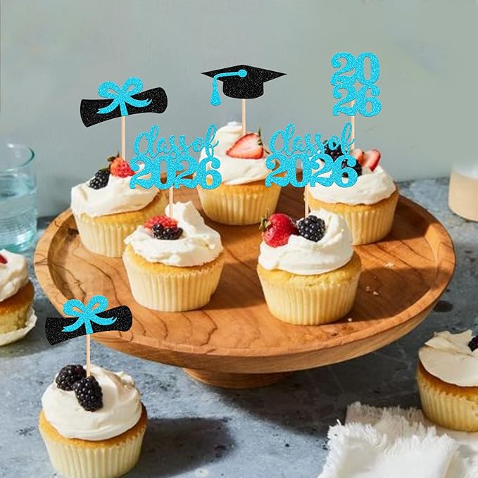 36 PCS 2026 Graduation Theme Cupcake Toppers Glitter Class of 2026 Graduation Cap Diploma Cupcake Picks 2026 Graduate Theme Party Cake Decorations Supplies Lake Blue