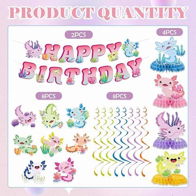 Axolotl Birthday Decorations Include Colorful Axolotl Happy Birthday Banners Hanging Swirls Honeycomb Centerpiece Reptile Animals Axolotl Theme Bday Party Supplies