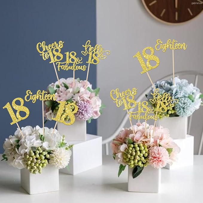 15PCS Happy 18th Birthday Centerpiece Sticks Hello 18 Fabulous Table Flower Centerpieces Sticks Eighteen Cheers to 18 Years Floral Decoration for Happy 18th Birthday Party Centerpieces Sticks Gold