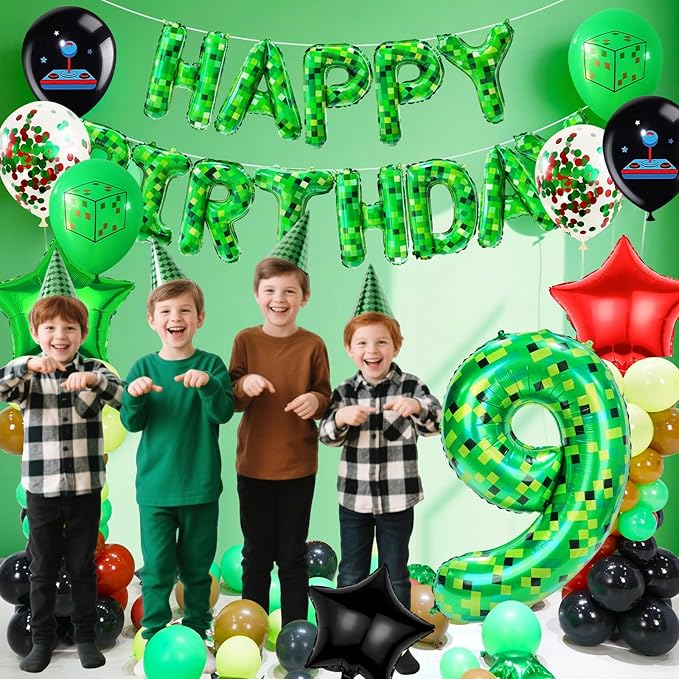 40in Pixel Number 9 Balloon Birthday Decorations, Miner Theme Foil Balloons banner Blast Gaming Party Supplies