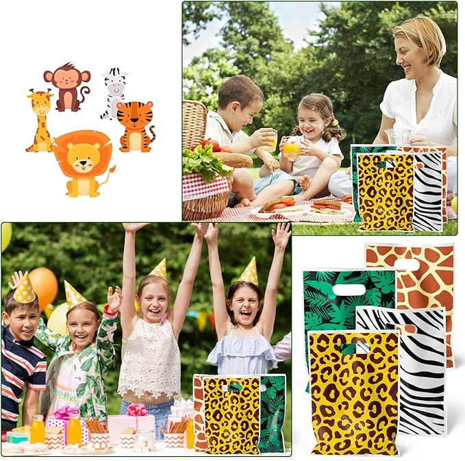 Animal Print Party Favor Bags - 60Pcs Zoo Print Goody Candy Treat Gifts Bags, Summer Jungle Safari Themed Party Decorations for Kids Girls Boys Birthday Baby Shower Animals Theme Events Supplies