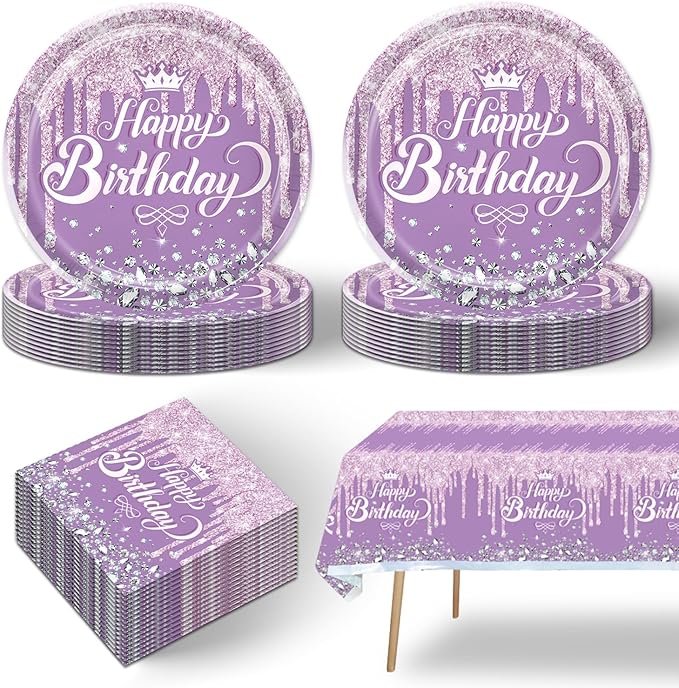41pcs Purple and Silver Party Supplies ,include 20 dessert plates,20 Napkin and 1pcs Tablecloth,Used for Purple Silver Glitter Birthday Party Decoration Set