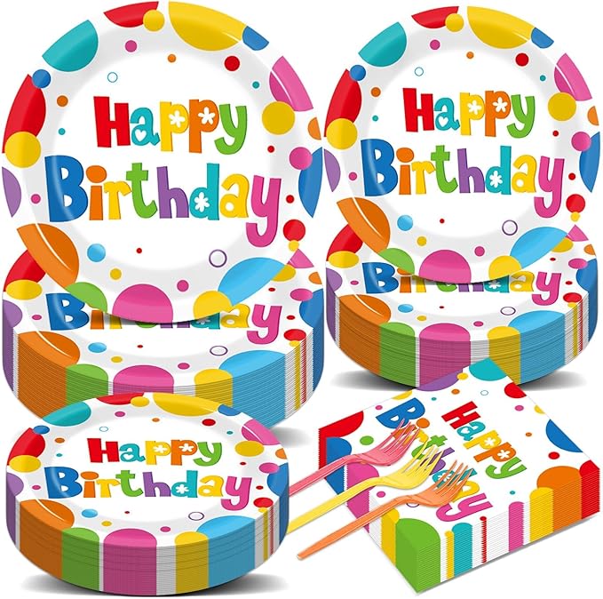 200Pcs Birthday Party Decorations Rainbow Birthday Plates Tableware Set Colorful Birthday Disposable Paper Plates Fork And Napkins Birthday Party Supplies Includes For Girls/Boys, Serves 50