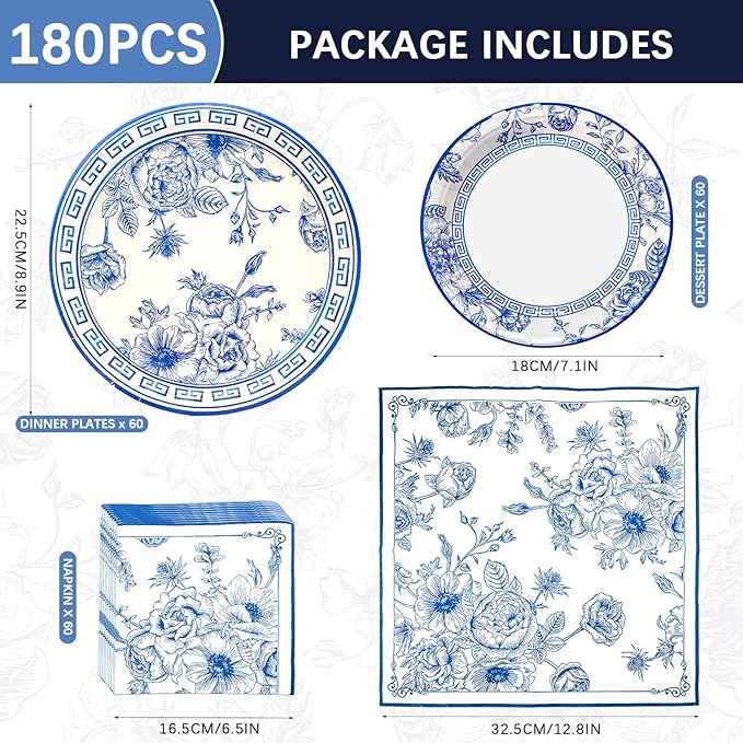 180PCS Blue White Floral Party Supplies Serve 60, Blue Flower Paper Plates and Napkins Kit for Bridal Baby Shower Wedding Tea Party Decorations, Includes Dinner Plates, Dessert Plates, Napkins