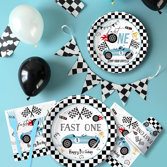 Race Car 1st Birthday Party Supplies - Fast One Plates And Napkins Decorations Boys Tableware, Plate, Cup, Napkin, Fork, Blue Race Car One-Year-Old Decorations | Serve 24