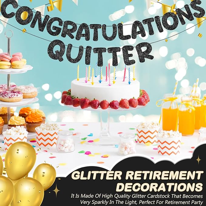 Fulmoon Pre Strung Congratulations Quitter Glitter Banner Funny Retirement Banner Graduation Party Decorations Going Away Supplies Garland for Men Women Gifts, No DIY(Black)
