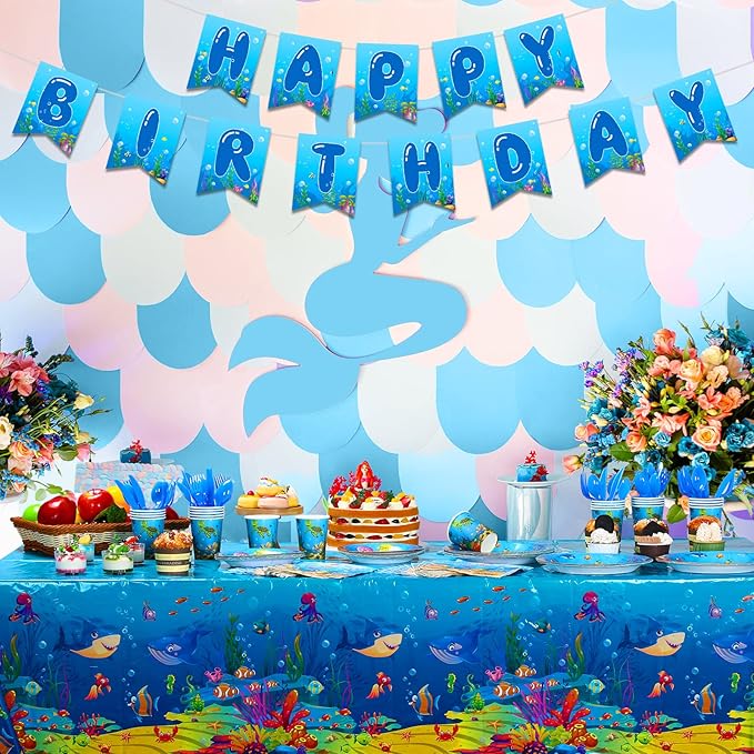 171 Pcs Under the Sea Party Supplies Ocean Sea Party Tableware Set Underwater Birthday Paper Plates Napkins Cups Cutlery Banner Tablecloth for Mermaid Beach Birthday Party Supplies 24 Guests