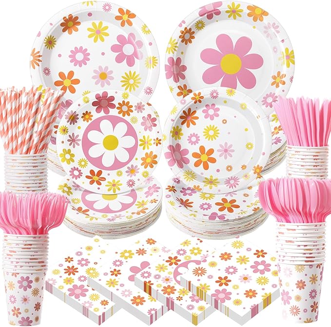 450 Pcs Daisy Groovy Tableware Set Decorations Boho Daisy Flower Paper Plates Napkins Cups Cutlery Straws for Boho Hippie Retro Birthday Baby Bridal Shower Wedding Tea Party, Serves 50