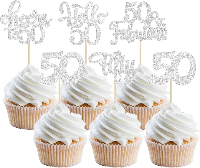 30Pcs Happy 50th Birthday Cupcake Toppers Silver Glitter Fifty Cheers to 50 Years Old Birthday Cupcake Picks for 50th Anniversary Party Cake Decorations Supplies