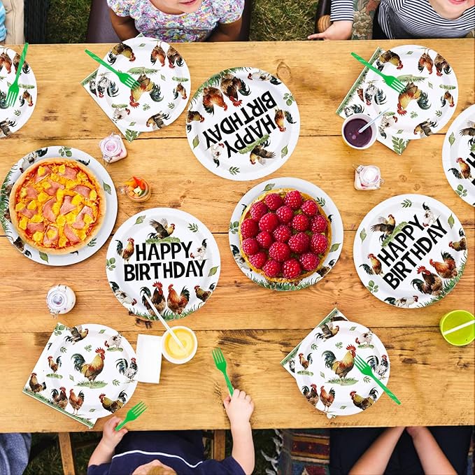 96Pcs Chicken Birthday Party Supplies Rooster Plates and Napkins Rooster Rustic Farmhouse Country Tableware Set for Girl Boy Chicken Farm Animal Birthday Theme Party Supplies，Serves 24
