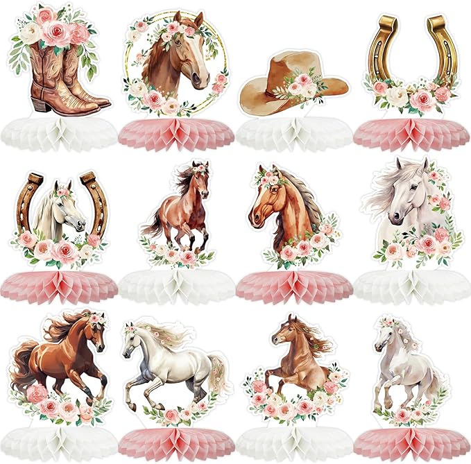 Tarklanda 12 Pcs Cowgirl Honeycomb Centerpieces Floral Horse Table Toppers Western Girl Centerpieces Decorations for Birthday Wedding Party Baby Shower Supplies