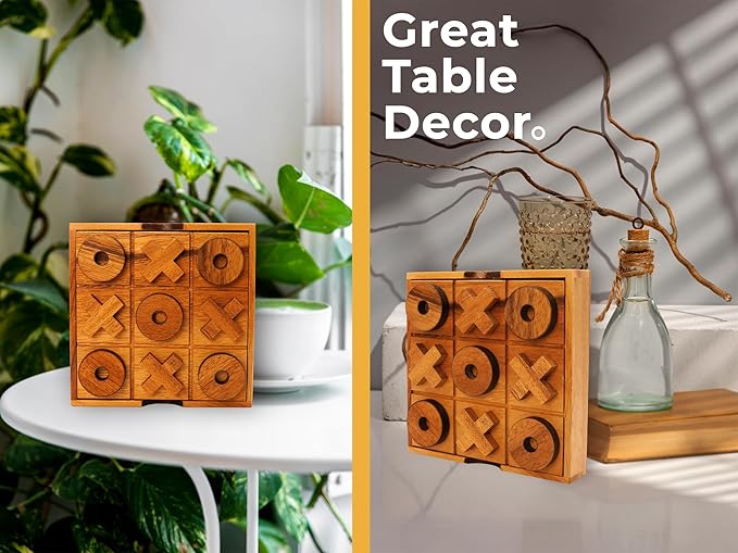 BSIRI Wooden Tic Tac Toe Game Coffee Tabletop XO Blocks Ideal for Family Living Room Games Night for Adults for Desk Decor and Unique Wood Gifts for All Occasions 5.5 Inch