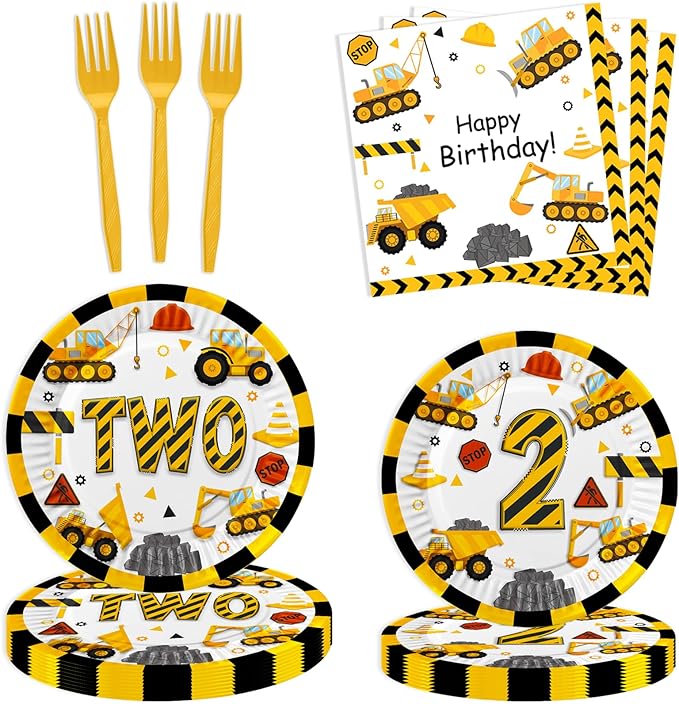 Letromp 80 Pcs Construction 2nd Birthday Decorations Construction Two Years Old Disposable Paper Dinner Plates Napkins Forks Dinnerware for Dump Truck Theme 2nd Bday Party Supplies Decorations
