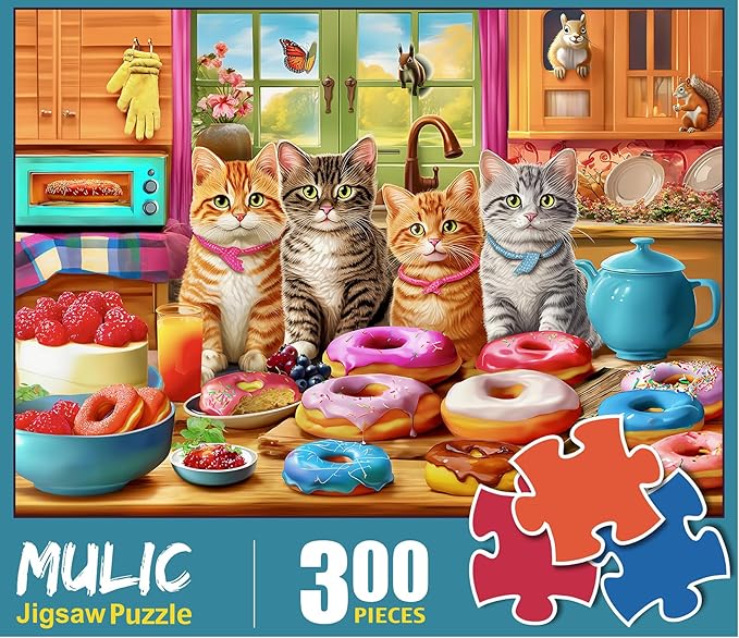 300 Piece Puzzles for Kids Boys Girls Ages 6-8 8-10 10-12 - Jigsaw Puzzles for Adults - Kitchen Kittens and Donuts
