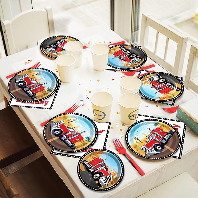 gisgfim 96 Pcs Semi Truck Party Supplies Paper Plates Napkins Tractor Trailer Themed Party Birthday Decorations Favors for Kids Semi Truck Party Decor Serves 24