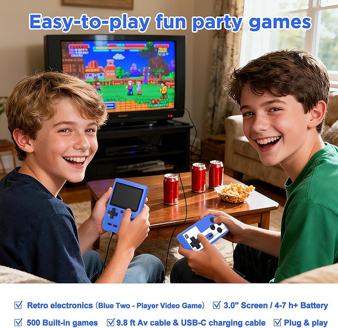 Retro Handheld Game Console, 3-inch IPS Screen Portable Game Console with 500 Built-in Classic Games ,1200mAh Rechargeable Battery, Plug & Play Video Games - Blue