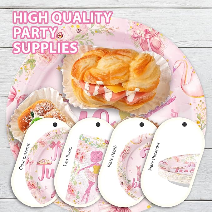 96Pcs Ballerina 2nd Birthday Party Supplies Pink Ballet Tutu Cute Birthday Plates and Napkins Tableware Set Ballerina Fairy Party Decorations for Girls Dancer Dancing Two Years Old Favors Serves 24 ﻿