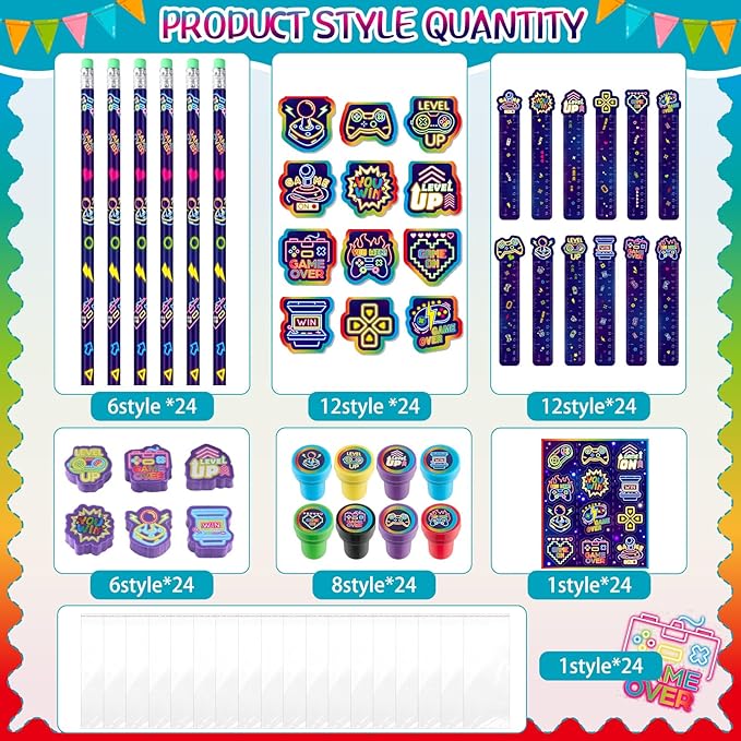 Cholemy 168 Pcs Video Game Party Favors Include Gaming Mini Notebook Gamer Birthday Sticker Pencil Stamper Ruler Eraser for Boy Teen Game Gifts Classroom Rewards Favor Party Supplies Decor (Cool)