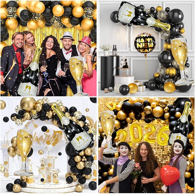 4 Pcs Champagne Balloons, Huge Black Gold Champagne Bottle Goblet Aluminum Foil Balloons for Birthday, Bachelorette, Graduation, Anniversary, 2026 New Years Eve Party Decorations Supplies