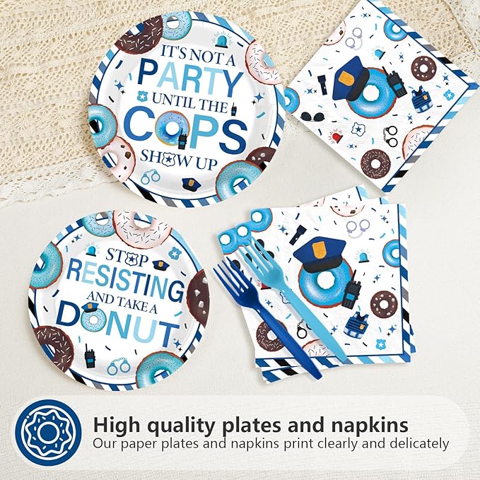 96Pcs Police Party Decorations Donut Party Plates and Napkins Sheriff Tableware for Police Birthday Retirement Decorations