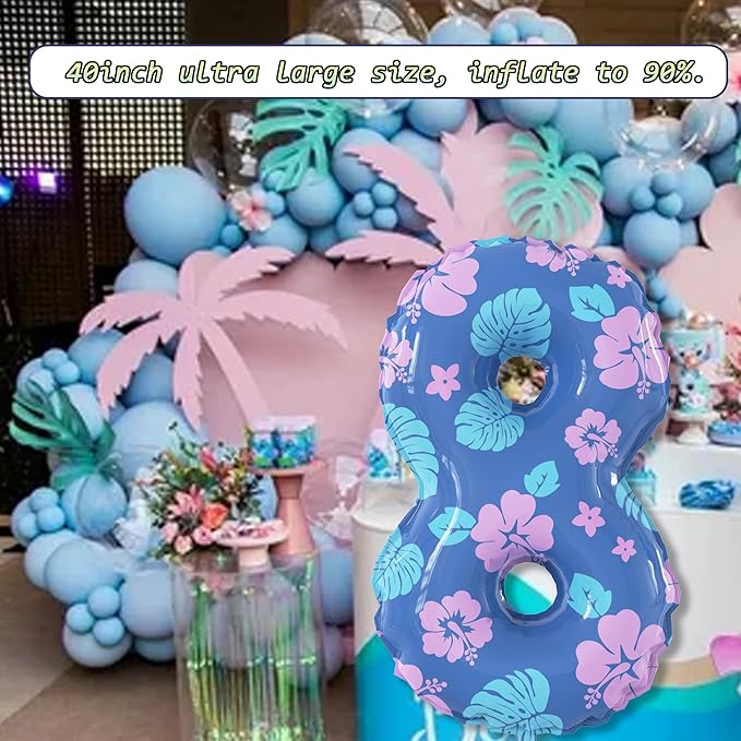 40 Inch Number 8 Balloon Leaf and Flower Birthday，8th Birthday Decorations for Kids' Parties Hawaii Party Supplies Favor Pink and Blue