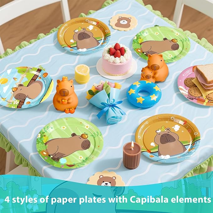60Pcs Capy Paper Plates 7" Disposable Heavy Duty Cute Cartoon Capibara Dessert Paper Plates Animal Capybaras Themed Tableware Set for Kids Kapybara Birthday Baby Shower Party Decorations