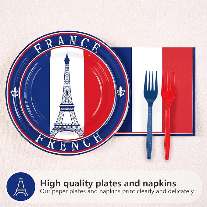 96Pcs France French Flag Party Supplies French Flag Party Plates and Napkins Disposable France Flag Tableware Set for French Party Decor Paris Theme Party Decorations Birthday Family Gathering Serve24