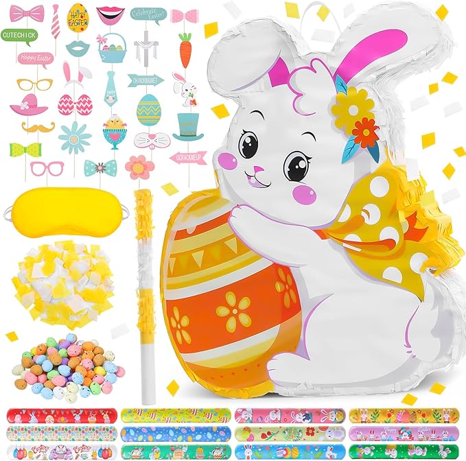96pcs Easter Bunny Piñata Set Easter Piñata with Blindfold Hitting Stick Confetti Eggs Bracelets Photo Props for Birthday Decoration School Spring Party Game