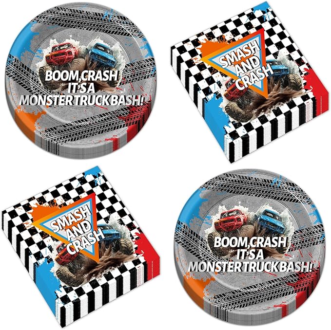 CHUNNIN 50Pcs Monster Truck Party Plates and Napkins Racing Car Party Decorations Monster Truck Disposable Race Car Tableware Set Serves 25 Guest Dinnerware Kids Boys Birthday Baby Shower Supplies