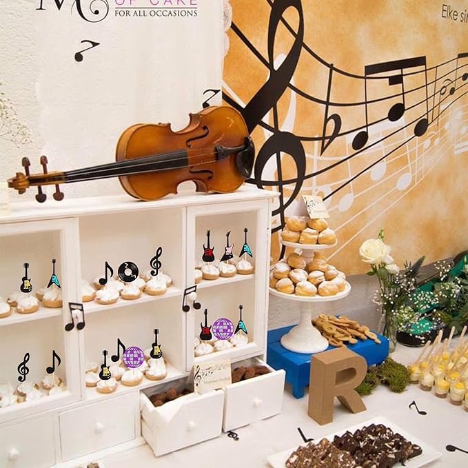 24 PCS Music Notes Cupcake Toppers Glitter Guitar Rock Cupcake Picks Disco Ball Music Cupcake Decorations for Musician Rock and Roll Theme Baby Shower Kids Birthday Party Cake Decorations Supplies
