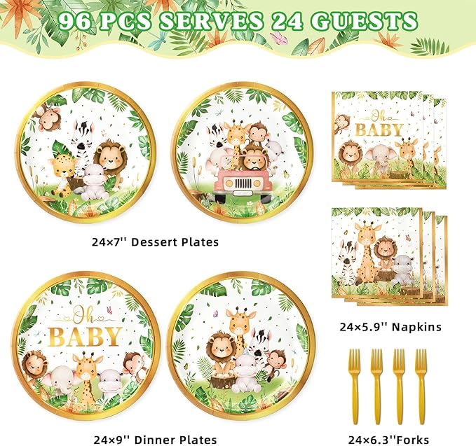 96 Pcs Safari Baby Shower Plates and Napkins Tableware Set (Serves 24), Plates Napkins and Forks Sets, Party Supplies, Jungle Safari Baby Shower Decorations