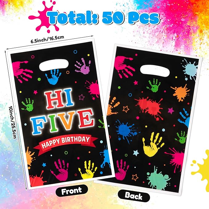 Hi Five Painting Party Favor Bags - 50Pcs Colorful Art Paint Goody Candy Treat Gift Bags, Artist Drawing Theme Plastic Birthday Party Favor Supplies Decorations for Kids Boys Girls