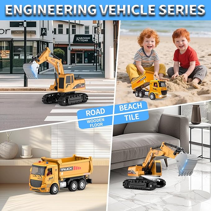 Remote Control Excavator and Dump Truck Toy Set - RC Construction Vehicles Toy with Barricades, Road Signs, Simulated Rocks, Lights and Sounds, Present for Toddlers 3-12 Year Boys Girls