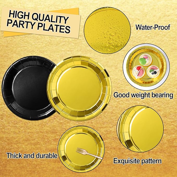 96Pcs Black and Gold Birthday Party Decorations Black and Gold Paper Plates and Napkins Sets Tablewares Dinnerwares for Graduation Wedding Birthday Baby Shower Party Supplies 24 Guest