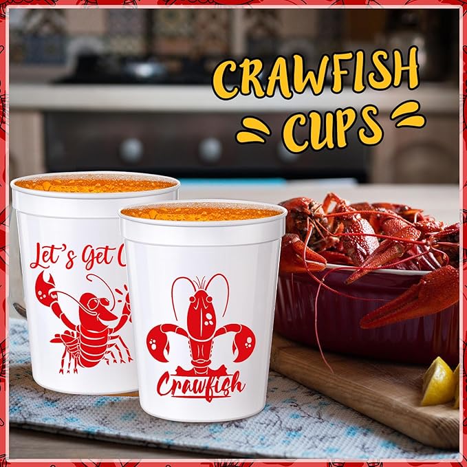 24 Pcs Plastic Crawfish Cups 16 oz Reusable Thick Crawfish Boil Party Supplies White Drinking Cups for Birthday Lobster Seafood Party Decorations Favors Gift