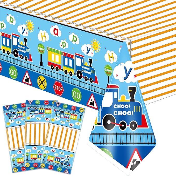 Irenare 3 Pieces Train Plastic Tablecloths Train Birthday Party Supplies Boy Tablecovers Party Decorations 51 x 87 Inch