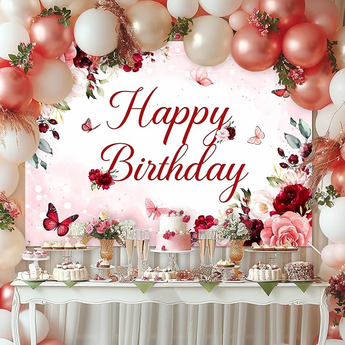 Avezano Floral Happy Birthday Banner for Women Girls Rose Gold Red Floral Birthday Party Decorations for Women Burgundy Flower B-day Party Supplies Banner (7x5ft)