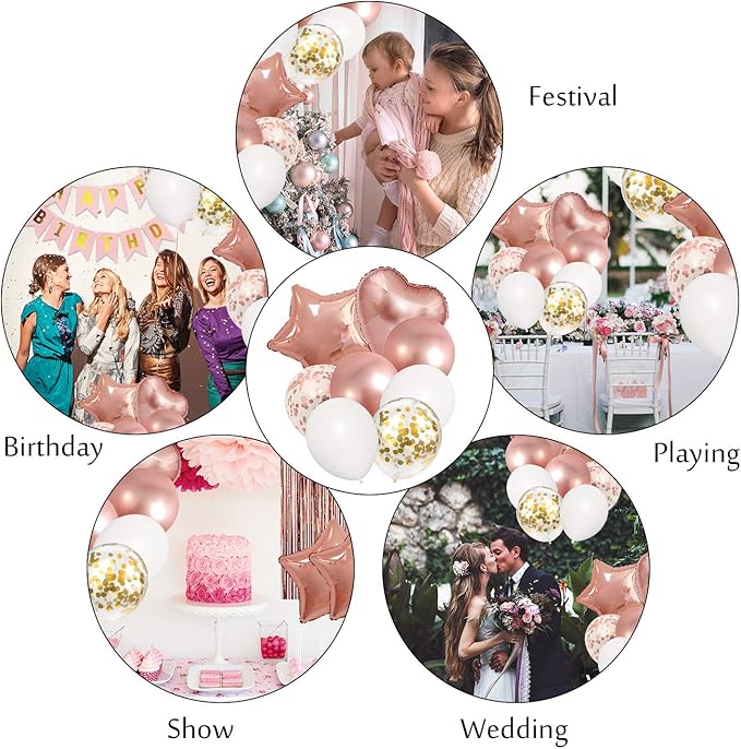 Amandir Rose Gold Birthday Party Decorations Kit, Confetti Foil Rose Gold Balloons Happy Birthday Banner Tassels Metallic Fringe Curtains Valentines day 30th 40th 50th 60th Party Supplies for Women