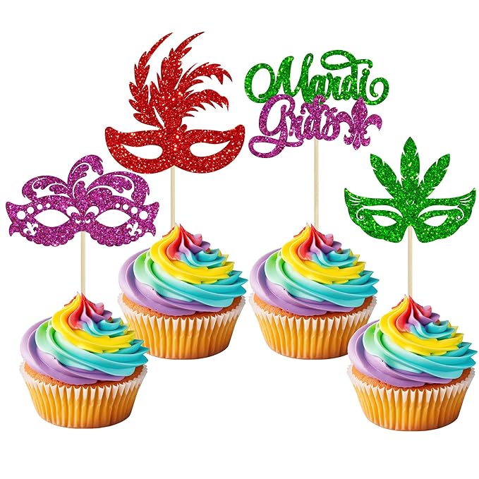 Gyufise 24Pcs Mardi Gras Cupcake Toppers Glitter Masquerade Masks Cupcake Pick Decorations Mardi Gras Party Baby Shower Birthday Cake Decorations Party Supplies Colorful 1