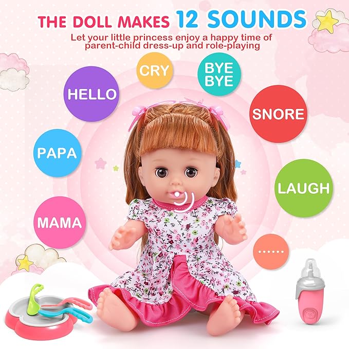 Baby Doll Toys Set, 14" Doll Toys, 25Pcs Dolls Care Toy Playset, Toddlers Toy Dolls Set Incl Cradle Crib, High Chair, Milk Bottle, Pacifier, Diaper, Baby Gift for Age 3 4 5 6+ Years Old Girls Boys