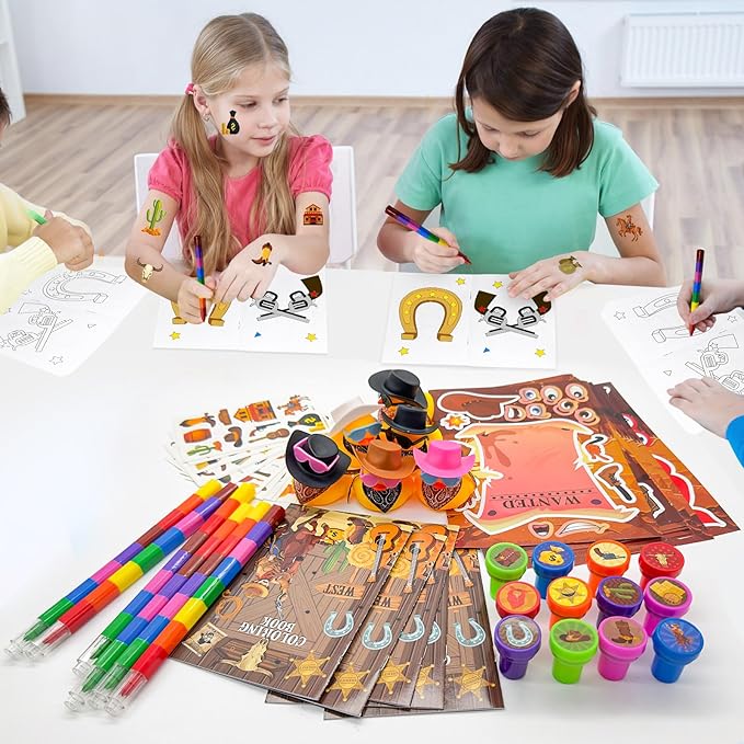 Cinrobiye 144 Pcs Western Cowboy Party Favors, Wild West Coloring Books, Stickers, Tattoos, Stampers, Rubber Ducks, Rainbow Pencils, Barn Party Supplies, Birthday Goodie Bag Fillers, Prize Bulk Set