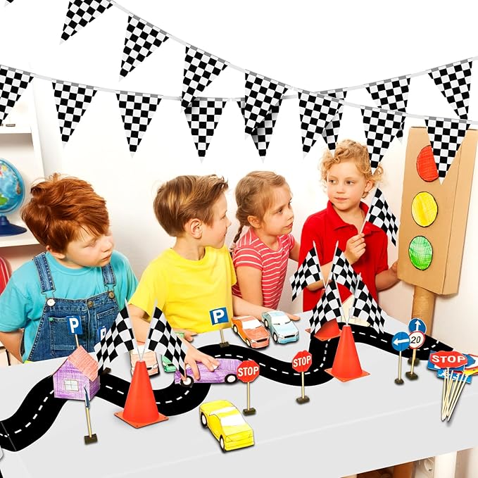 Irenare 6 Pcs Racing Table Cloths Car Birthday Party Supplies 54 x 108 Inch Racetrack Table Runner Covers Disposable Rectangular Road Tablecloth for Kids Boy Car Theme Birthday Party Decor (White)