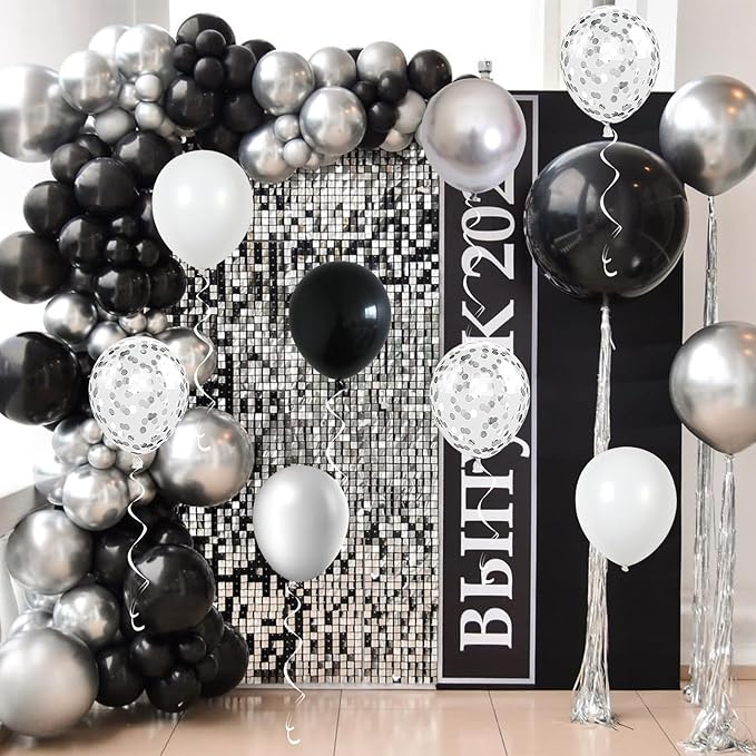 Black and Silver Balloons, 60 Packs 12 Inch Chrome Metallic Silver Balloons and Confetti Balloons, Black White Silver Balloon for Wedding Engagement Birthday Halloween Decorations