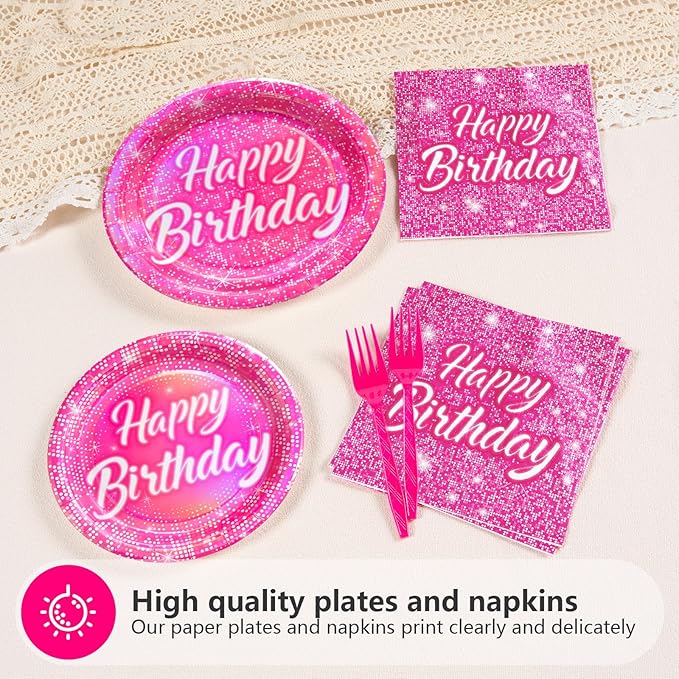 96Pcs Hot Pink Birthday Party Supplies Disco Rainbow Pastel Holographic Plates and Napkins Tableware Sets Hot Pink Iridescent Decoration Favors for Girls Princess Mermaid Disco Themed Party Serves 24