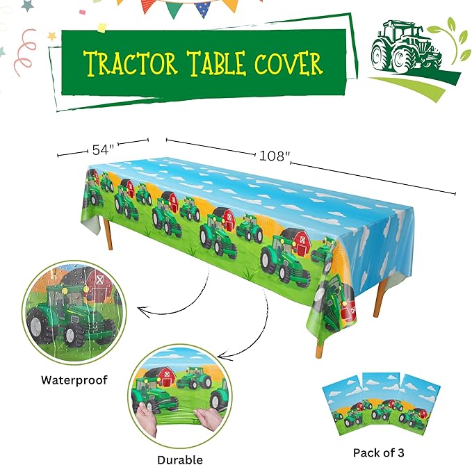 Blue Orchards Tractor Table Covers (Pack of 3) - 54"x108" XL - Farm Party Table Cover