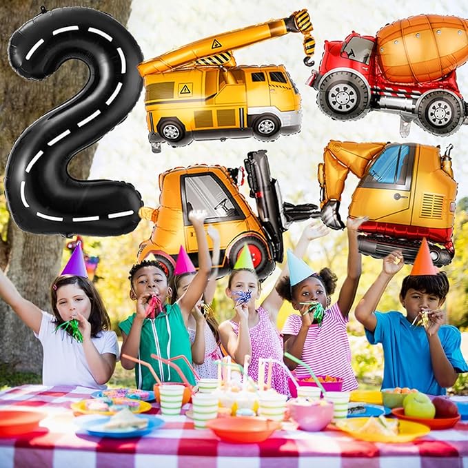 Construction Birthday Decorations 2 Year Old, Large Construction Balloons 40Inch Racetrack Black Number 2 Balloons Construction Truck Foil Balloons for Boys 2nd Construction Birthday Party Supplies