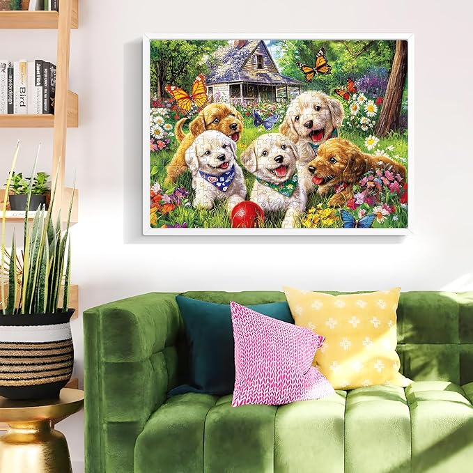 300 Piece Puzzles for Adults, Garden Dog Jigsaw Puzzle for Children Elderly, Large Piece Fun Animal Puzzle for Kids Ages 8-10 10-12,Cute Puppy Pet Lover Jigsaw Puzzles,Family Game Great Gift 20.5*15in