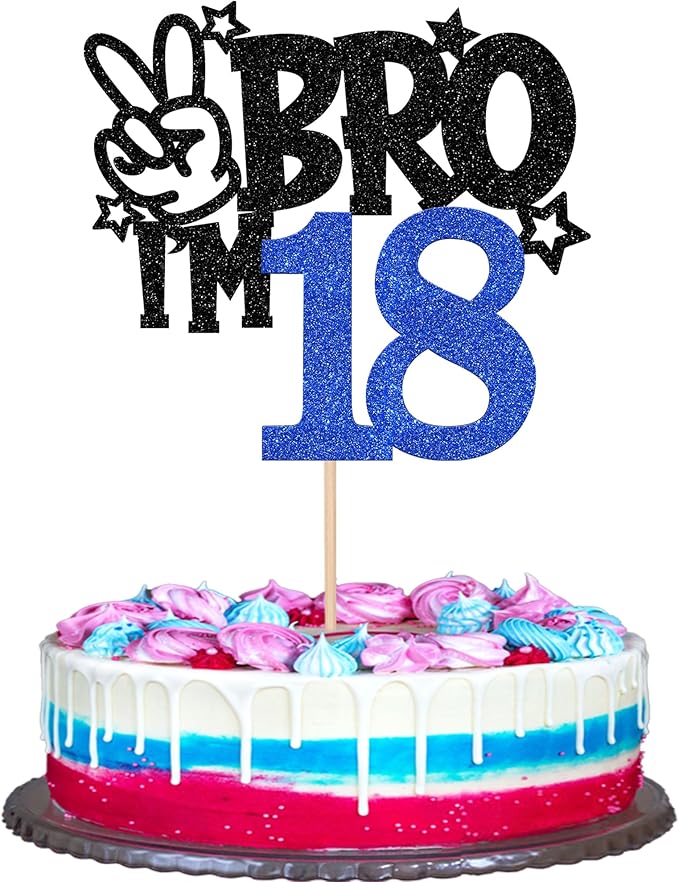 1 PCS Brother I'm 18 Cake Topper Glitter Star Happy 18th Birthday Cake Pick Bro I'm 18 Cake Decoration It's My 18th Birthday Decorations for Boys Cheers to 18 Years Old Birthday Party Supplies Blue
