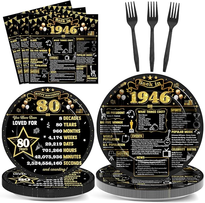 96Pcs 80th Birthday Plates and Napkins Back in 1946 Party Decorations Black Gold 80 Year Old Party Dessert Plates 1946 Birthday Tableware for 24 Guests 80th Theme Men Woman Bday Parties Supplies